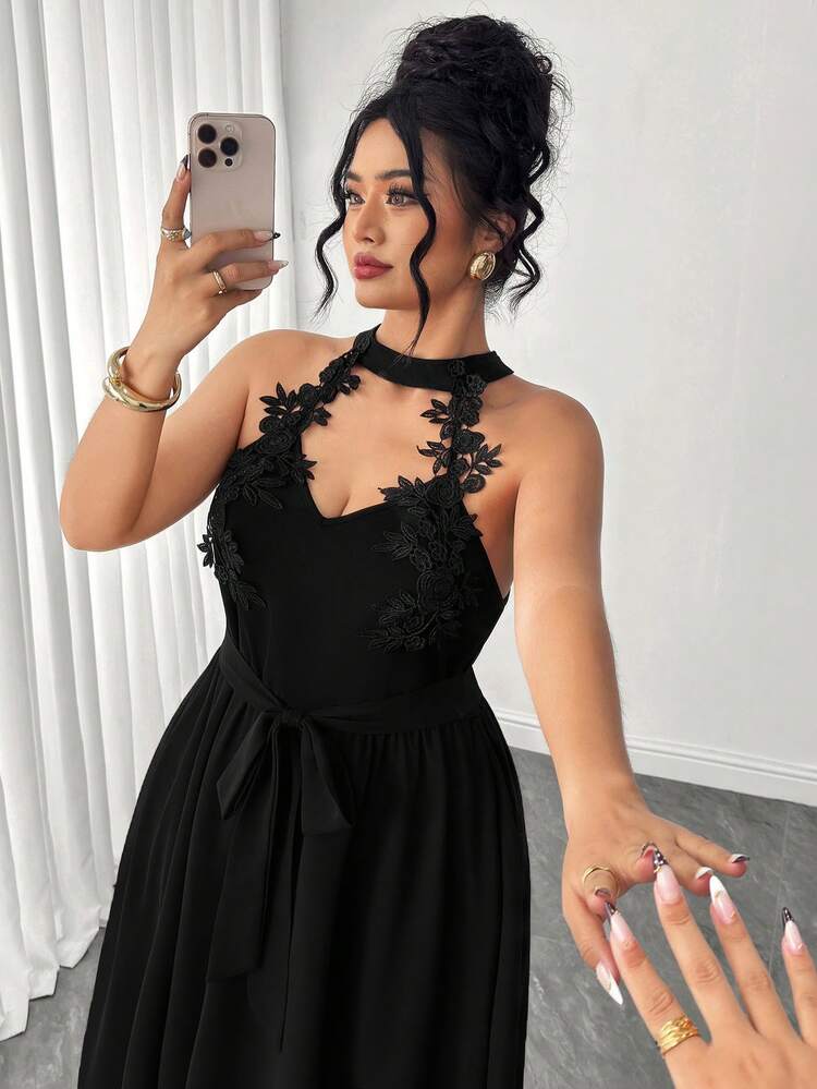 Elenzga Plus Size Women's Sleeveless Patchwork Sequin Decorated Elegant Long Dress - Black - View 6