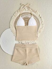 SHEIN Swim Women's Summer Beach Solid Color Halter Tankini Two-Piece Swimwear Set - Beige - View 2