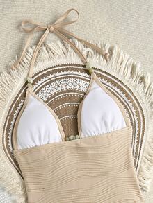 SHEIN Swim Women's Summer Beach Solid Color Halter Tankini Two-Piece Swimwear Set - Beige - View 6