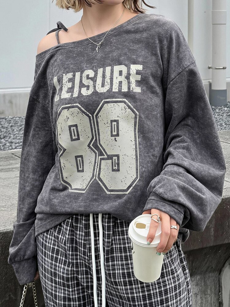 Dazy Plus Letter Print Loose Asymmetrical Cold Shoulder Casual Sexy Top For Girls, Spring Summer Autumn T-Shirt Graphic Tees - Grey - View 4