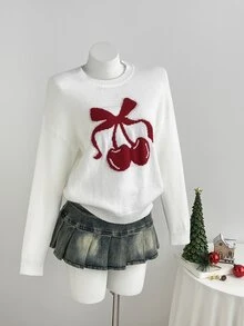 Elamini Women's Autumn/Winter Cheery Pattern Cozy Fashion Bow Pattern Pullover Sweater For Photo, Party, Christmas Outfit - Multicolor - View 6