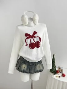 Elamini Women's Autumn/Winter Cheery Pattern Cozy Fashion Bow Pattern Pullover Sweater For Photo, Party, Christmas Outfit - Multicolor - View 7