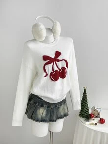 Elamini Women's Autumn/Winter Cheery Pattern Cozy Fashion Bow Pattern Pullover Sweater For Photo, Party, Christmas Outfit - Multicolor - View 5