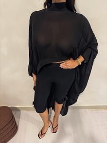 Shopreo Black Sheer Chiffon Draped Sleeve Maxi Top - Black - View 5