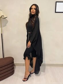 Shopreo Black Sheer Chiffon Draped Sleeve Maxi Top - Black - View 3