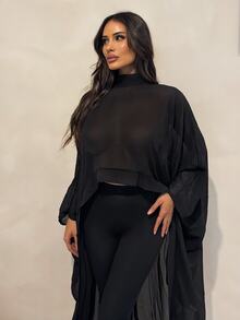 Shopreo Black Sheer Chiffon Draped Sleeve Maxi Top - Black - View 4