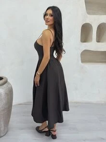 Shopreo 优雅女士细肩带长喇叭裙，适合休闲约会、郊游、夜店、派对、秋季 - 咖啡棕 - 查看 2