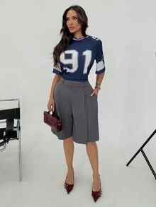 Shopreo 女士数字印花短袖网眼拼色宽松运动 T 恤，春夏图案 T 恤女式上衣 - 藏蓝色 - 查看 2