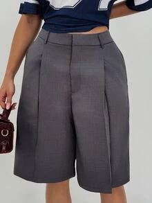 Shopreo 女士简约通勤灰色百慕大短裤，春季 - 灰色 - 查看 5