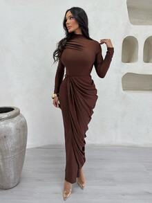 Shopreo Sexy Elegant Kink Decorative Buckle Side Stacked Pleated Fake Two-Piece Party Dress - Coffee - View 3