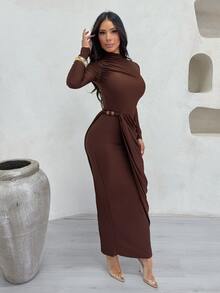 Shopreo Sexy Elegant Kink Decorative Buckle Side Stacked Pleated Fake Two-Piece Party Dress - Coffee - View 1