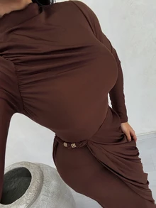 Shopreo Sexy Elegant Kink Decorative Buckle Side Stacked Pleated Fake Two-Piece Party Dress - Coffee - View 5