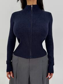 Shopreo Knit Funnel Neck Marl Zip Through Cardigan Only Winter Loungewear Cosy Work Cute Elegant Casual Chic Spring - Navy Blue - View 4