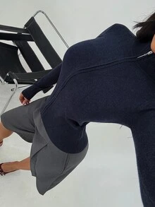 Shopreo Knit Funnel Neck Marl Zip Through Cardigan Only Winter Loungewear Cosy Work Cute Elegant Casual Chic Spring - Navy Blue - View 5