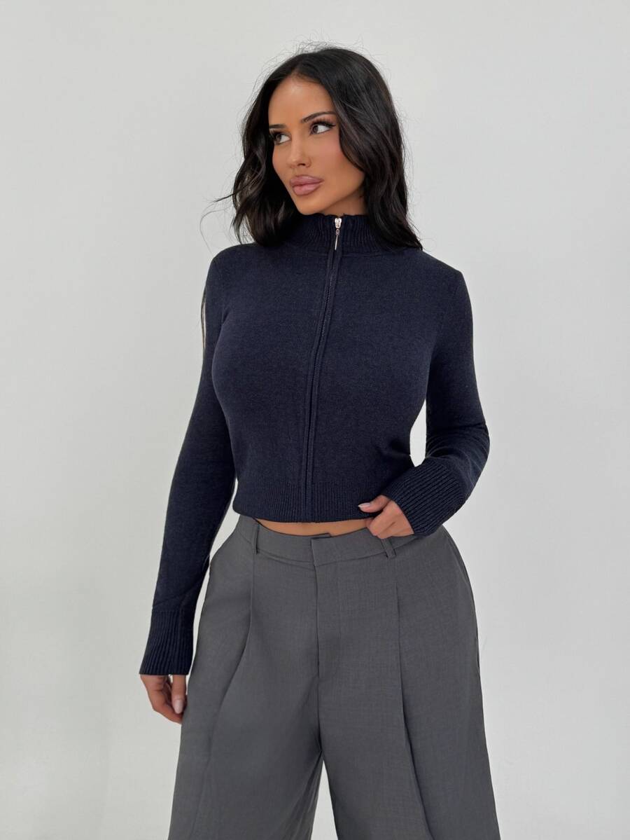 Shopreo Knit Funnel Neck Marl Zip Through Cardigan Only Winter Loungewear Cosy Work Cute Elegant Casual Chic Spring - Navy Blue - View 1