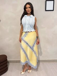 Shopreo Elegant Palace-Style Light Blue Summer Knit Tank Top,Versatile Textured Sleeveless Ruffled Collar Delicate Pearl Button Tea Party Tops For Work - Blue - View 2