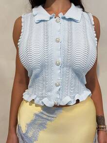 Shopreo Elegant Palace-Style Light Blue Summer Knit Tank Top,Versatile Textured Sleeveless Ruffled Collar Delicate Pearl Button Tea Party Tops For Work - Blue - View 5