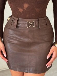Shopreo Solid Color Fashion Decorative Button A-Line PU Elegant Midi Skirt - Brown - View 5