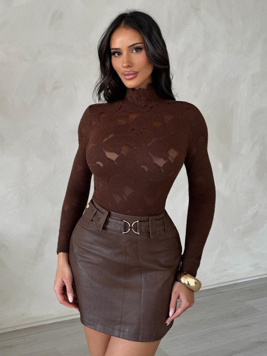 Shopreo Solid Color Fashion Decorative Button A-Line PU Elegant Midi Skirt - Brown - View 1