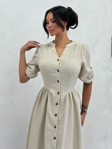 Shopreo Women's V-Neck Puff Sleeve Waist-Cinching Button Long Dress - Beige - View 4