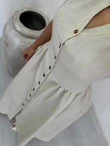 Shopreo Women's V-Neck Puff Sleeve Waist-Cinching Button Long Dress - Beige - View 5
