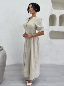 Shopreo Women's V-Neck Puff Sleeve Waist-Cinching Button Long Dress - Beige - View 3