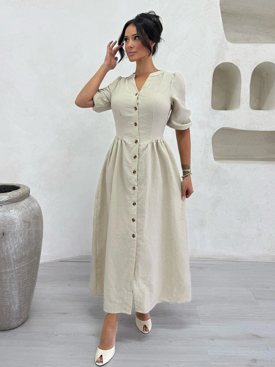 Shopreo Women's V-Neck Puff Sleeve Waist-Cinching Button Long Dress - Beige - View 1