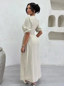 Shopreo Women's V-Neck Puff Sleeve Waist-Cinching Button Long Dress - Beige - View 2