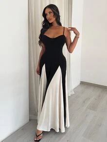 Shopreo Elegant Black And White Dress With Spaghetti Straps - Black and White - View 3