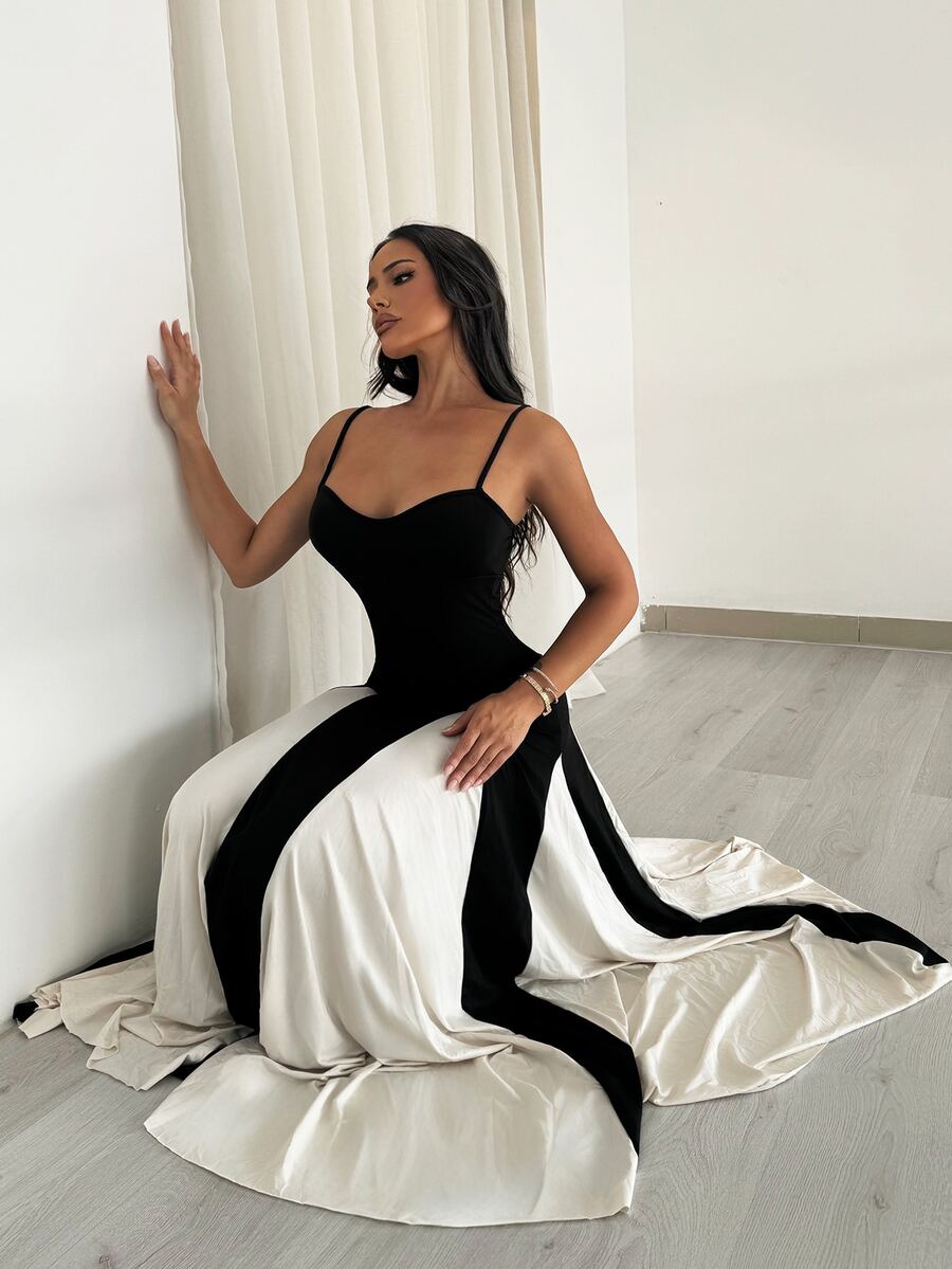 Shopreo Elegant Black And White Dress With Spaghetti Straps - Black and White - View 1