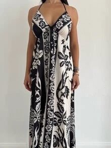 Shopreo 女式度假热带波西米亚风花朵和椰子树印花细肩带系带休闲海滩夏季长裙 - 彩色 - 查看 5