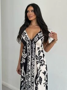 Shopreo 女式度假热带波西米亚风花朵和椰子树印花细肩带系带休闲海滩夏季长裙 - 彩色 - 查看 4