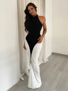 Shopreo 女式黑白拼色设计挂脖腰身合身鱼尾下摆优雅中长连衣裙，适合日常通勤 - 黑與白 - 查看 3