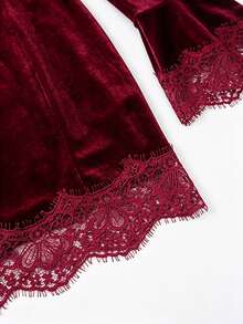 GlowEve Women's Solid Color Contrast Lace Sweetheart Neckline Flare Sleeve Elegant Short Dress - Red - View 6
