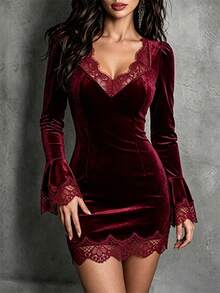 GlowEve Women's Solid Color Contrast Lace Sweetheart Neckline Flare Sleeve Elegant Short Dress - Red - View 1