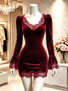 GlowEve Women's Solid Color Contrast Lace Sweetheart Neckline Flare Sleeve Elegant Short Dress - Red - View 3