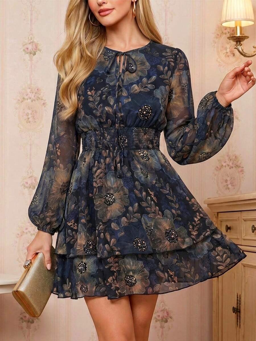 Amorya 女款海軍藍花卉前綁帶長袖荷葉邊短洋裝，適合約會、早午餐、茶會、派對，秋季浪漫優雅休閒風