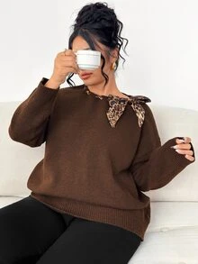 Linhara CURVE Plus Size Round Neck Leopard Print Scarf Tie Neckline Lazy Knit Sweater Autumn/Winter Top - Coffee Brown - View 6