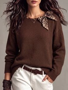 Linhara CURVE Plus Size Round Neck Leopard Print Scarf Tie Neckline Lazy Knit Sweater Autumn/Winter Top - Coffee Brown - View 1