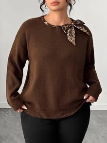 Linhara CURVE Plus Size Round Neck Leopard Print Scarf Tie Neckline Lazy Knit Sweater Autumn/Winter Top - Coffee Brown - View 3