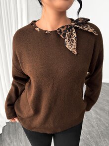 Linhara CURVE Plus Size Round Neck Leopard Print Scarf Tie Neckline Lazy Knit Sweater Autumn/Winter Top - Coffee Brown - View 4