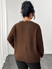 Linhara CURVE Plus Size Round Neck Leopard Print Scarf Tie Neckline Lazy Knit Sweater Autumn/Winter Top - Coffee Brown - View 2