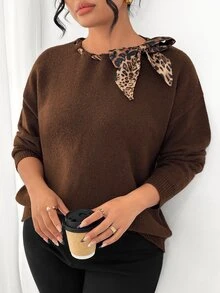 Linhara CURVE Plus Size Round Neck Leopard Print Scarf Tie Neckline Lazy Knit Sweater Autumn/Winter Top - Coffee Brown - View 7