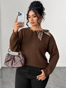 Linhara CURVE Plus Size Round Neck Leopard Print Scarf Tie Neckline Lazy Knit Sweater Autumn/Winter Top - Coffee Brown - View 5