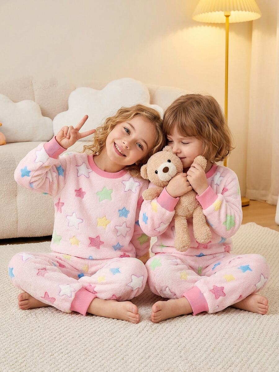 SHEIN Young Girl Plush Star Pattern Knit Soft Crew Neck Long Sleeve Pullover Sweatshirt & Elastic Waist Long Pants 2pcs Set Young Girl - Pink - View 1