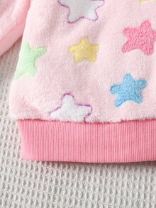 SHEIN 女童毛絨星星圖案針織軟綿圓領長袖套頭衛衣與鬆緊腰長褲 2件套 - 粉色 - 查看 8
