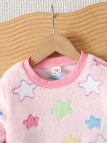 SHEIN 女童毛絨星星圖案針織軟綿圓領長袖套頭衛衣與鬆緊腰長褲 2件套 - 粉色 - 查看 10