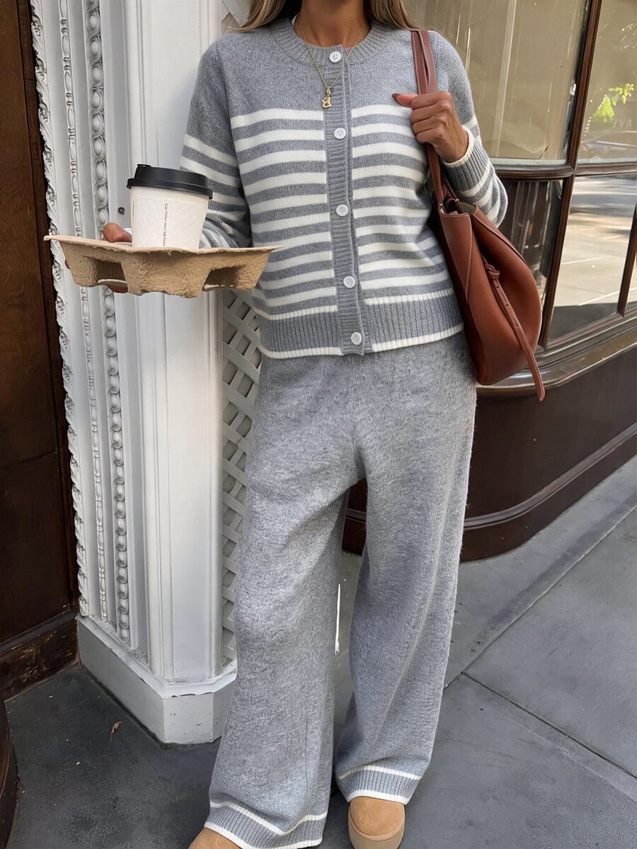 Louniche French Slouchy Casual Striped Sweater 2 Pieces Set Women's Winter Set Outfits Clothes Color Blocked Elegant Button Up Cardigan Cloth Fall 2026 Modern - Light Grey - View 1