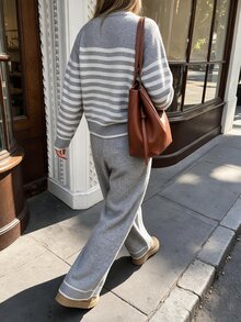 Louniche French Slouchy Casual Striped Sweater 2 Pieces Set Women's Winter Set Outfits Clothes Color Blocked Elegant Button Up Cardigan Cloth Fall 2026 Modern - Light Grey - View 9