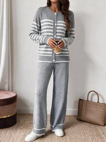 Louniche French Slouchy Casual Striped Sweater 2 Pieces Set Women's Winter Set Outfits Clothes Color Blocked Elegant Button Up Cardigan Cloth Fall 2026 Modern - Light Grey - View 6